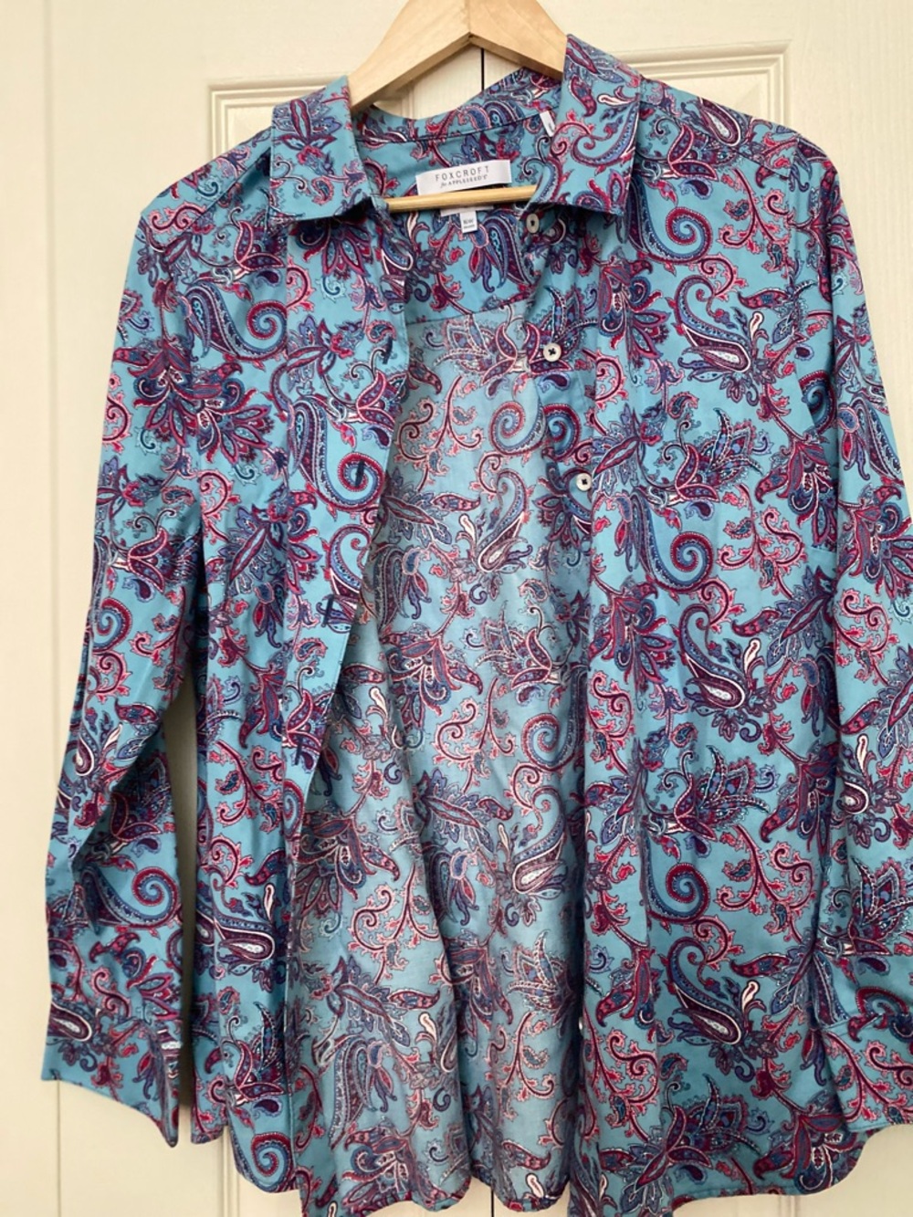 Foxcroft Light Blue Paisley Button-Up Blouse